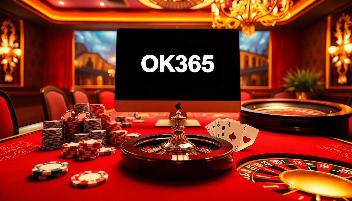 Exciting online gambling scene featuring the OK365 link, vibrant casino elements like poker chips and cards.