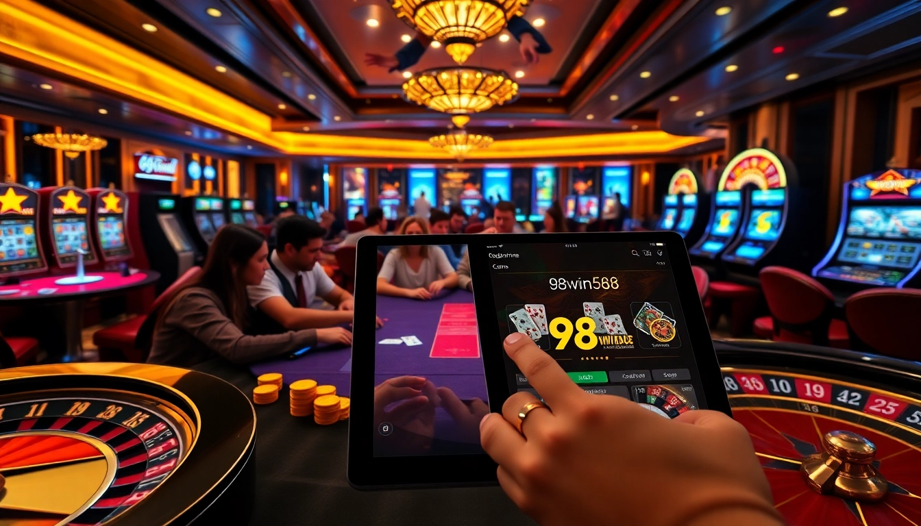 Engaging casino scene showcasing 98win58 with excited players around a poker table.