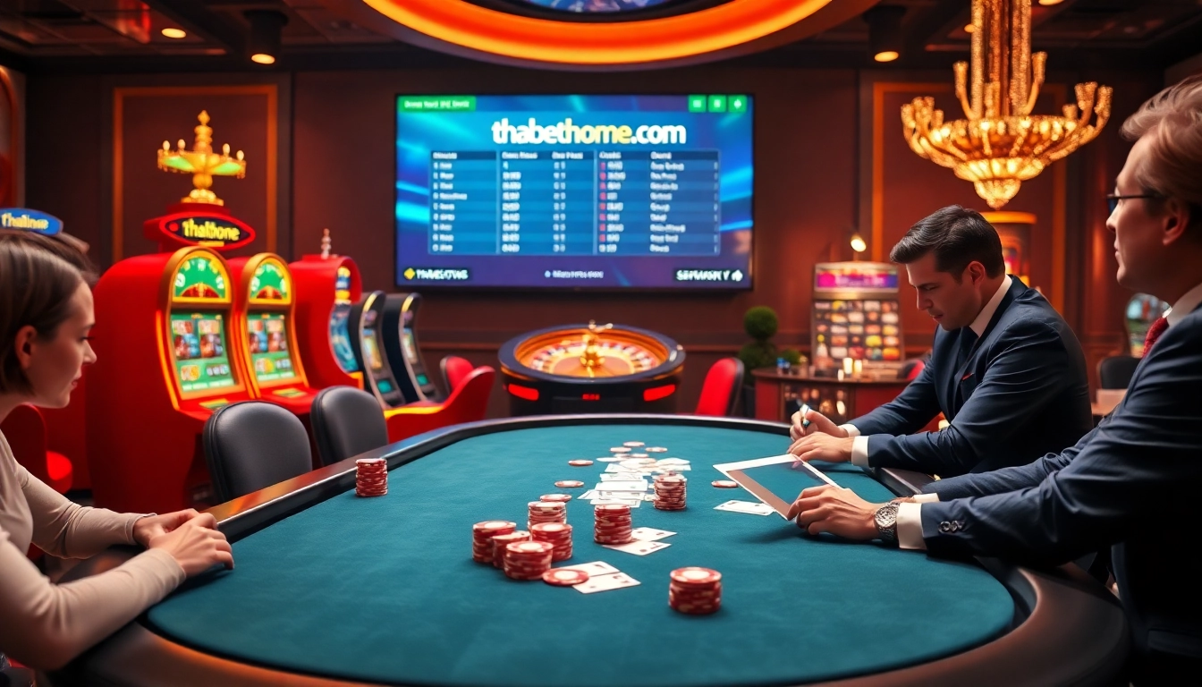 Experience the excitement of thabethome.com with immersive casino gaming visuals at a poker table.