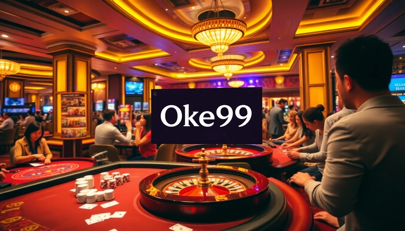 Players enjoying the excitement of casino games at Oke99's luxurious gaming tables.
