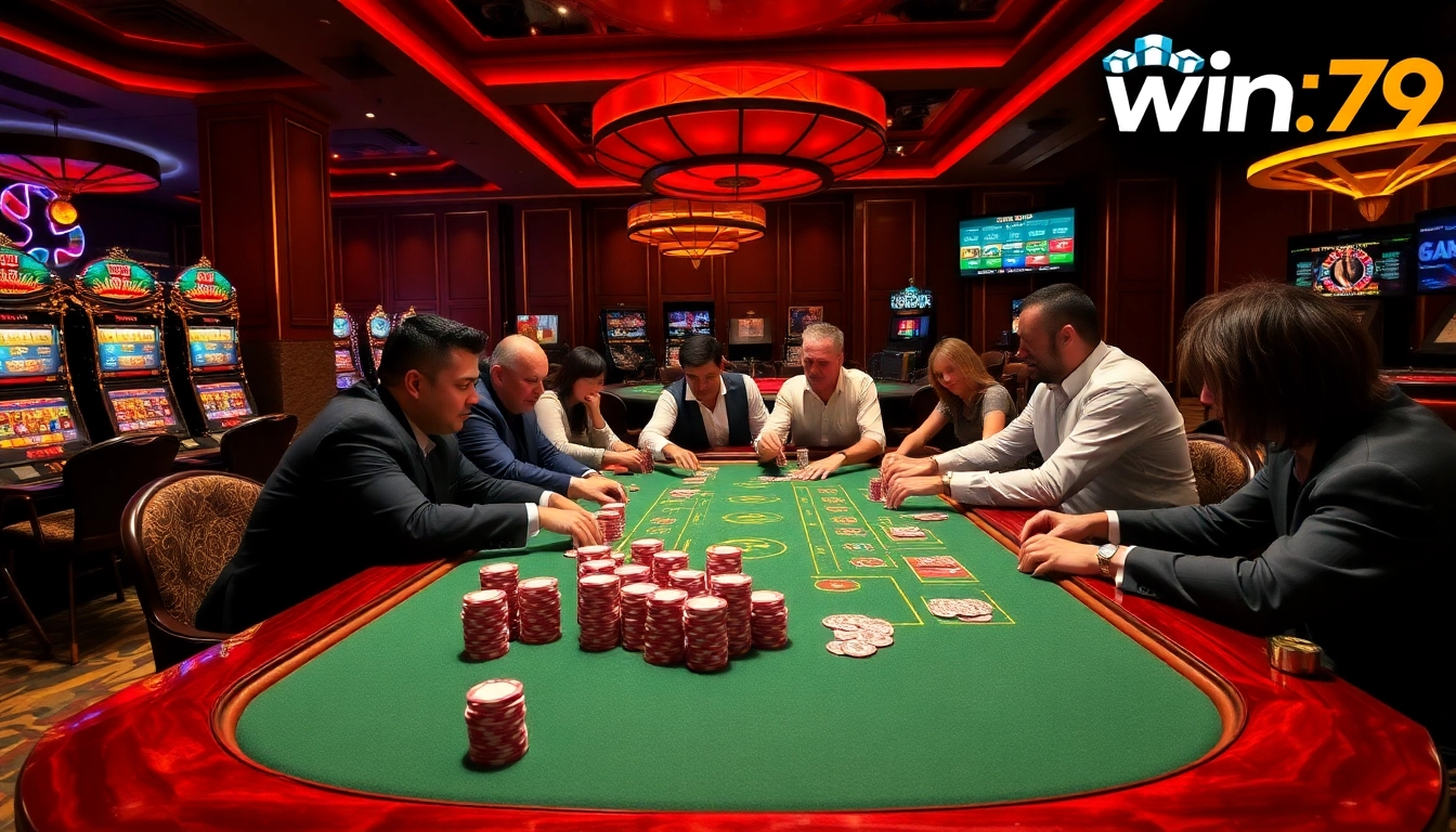 Players enjoying strategic poker gameplay at Win79 casino, surrounded by vibrant slots and roulette.