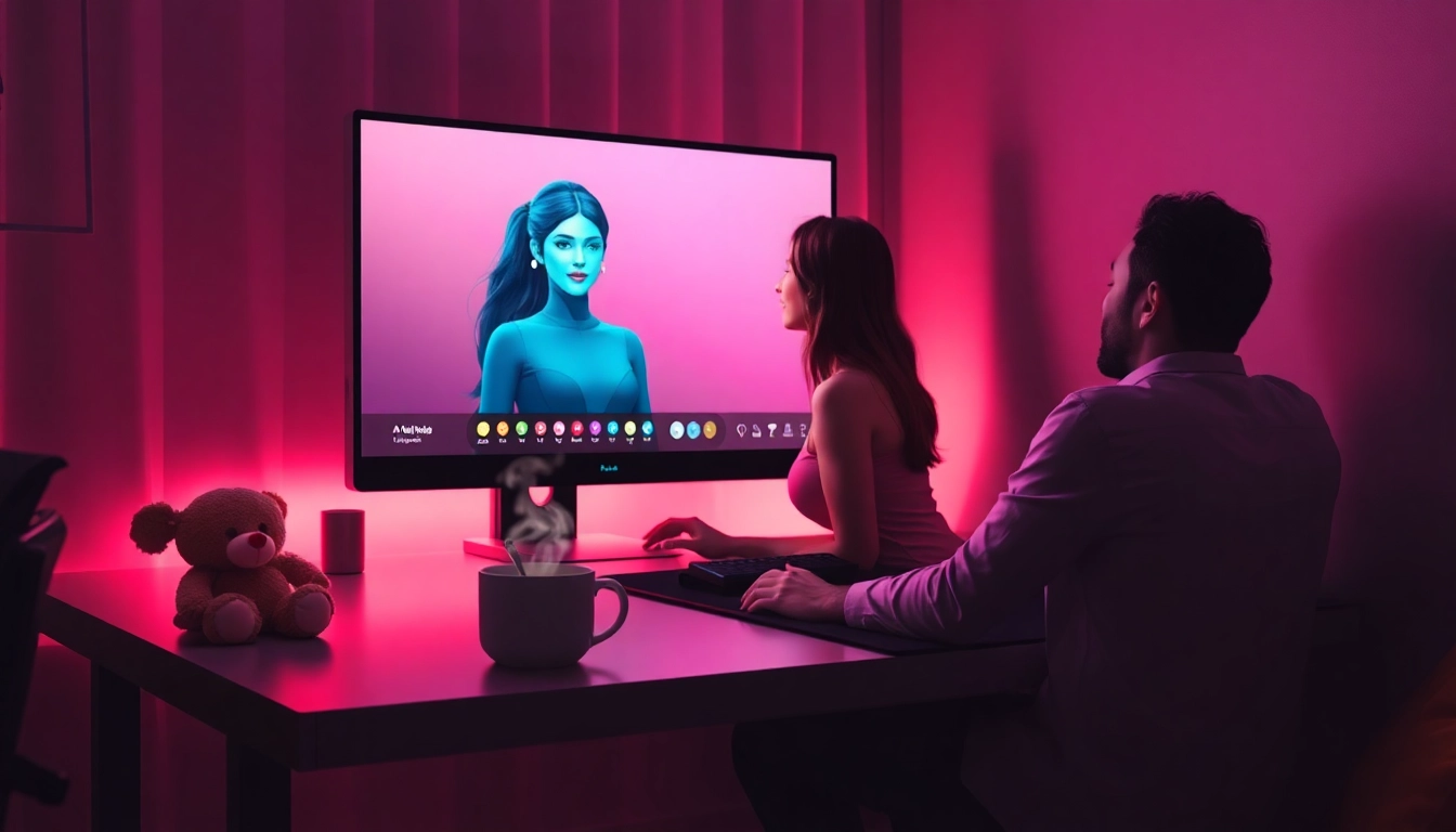 Engaging AI porn chat scene featuring a couple and their synthetic AI girlfriend on a modern interface.