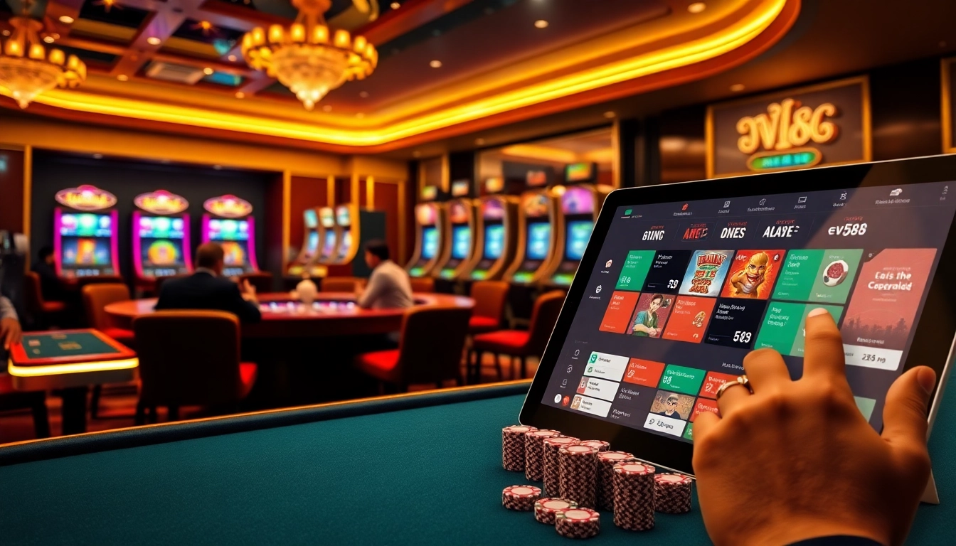 Experience the excitement of EV88 at a luxurious casino table with lively poker players and a roulette wheel.
