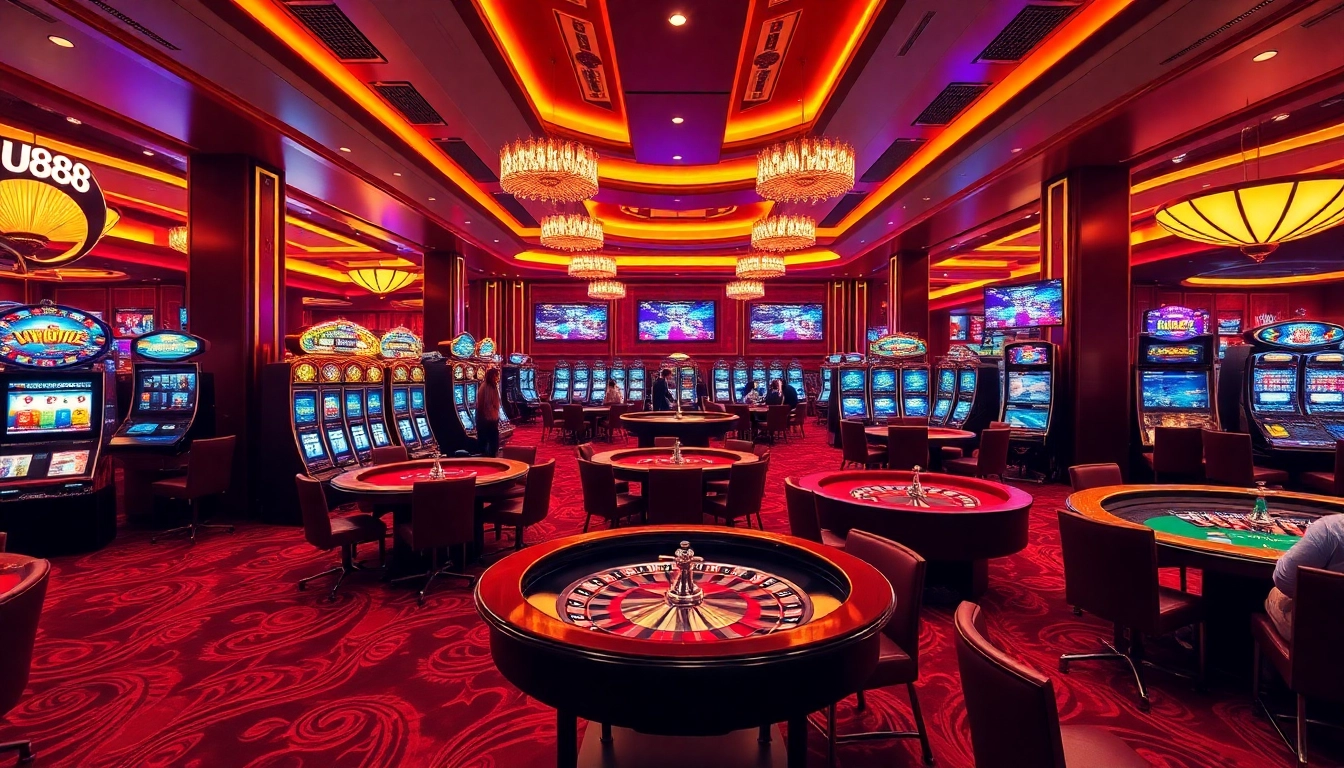 Players enjoying the vibrant U888 casino atmosphere with engaging slot machines and poker tables.