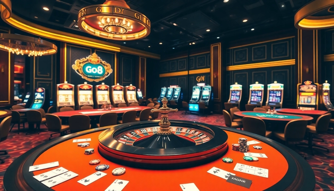 Exciting Go8 casino scene with roulette, poker tables, and bright slot machines.