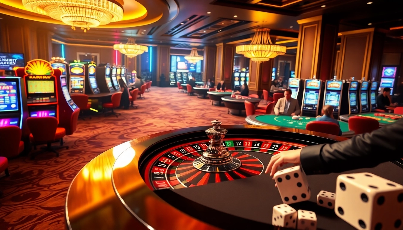 Exciting casino atmosphere with roulette and poker tables at zbet vn, highlighting luxury and engagement.