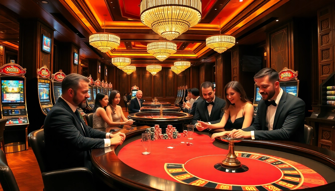 Nohu-themed high-stakes poker players enjoying a vibrant casino atmosphere with rich decor.