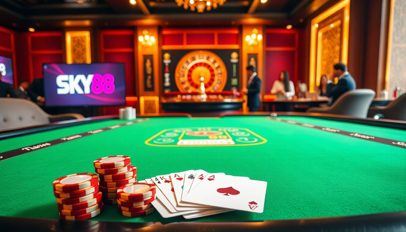 SKY88 casino scene with poker table, chips, and roulette wheel showcasing exciting gameplay.