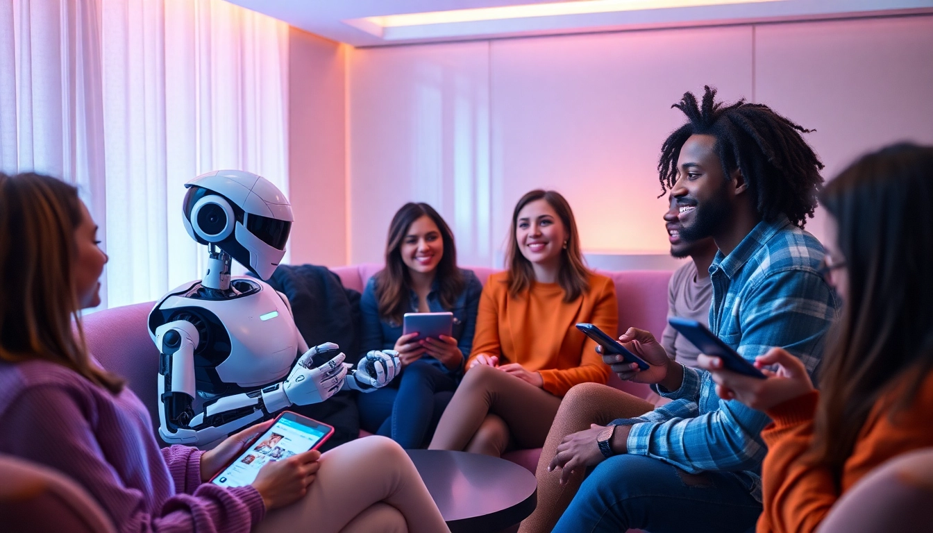Engaging scene showcasing diverse individuals interacting with an AI on topics of sex ai in a cozy lounge.