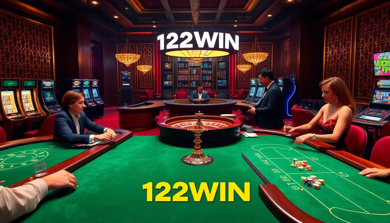 Gambling thrill at 123WIN casino with players at poker tables and vibrant slot machines.