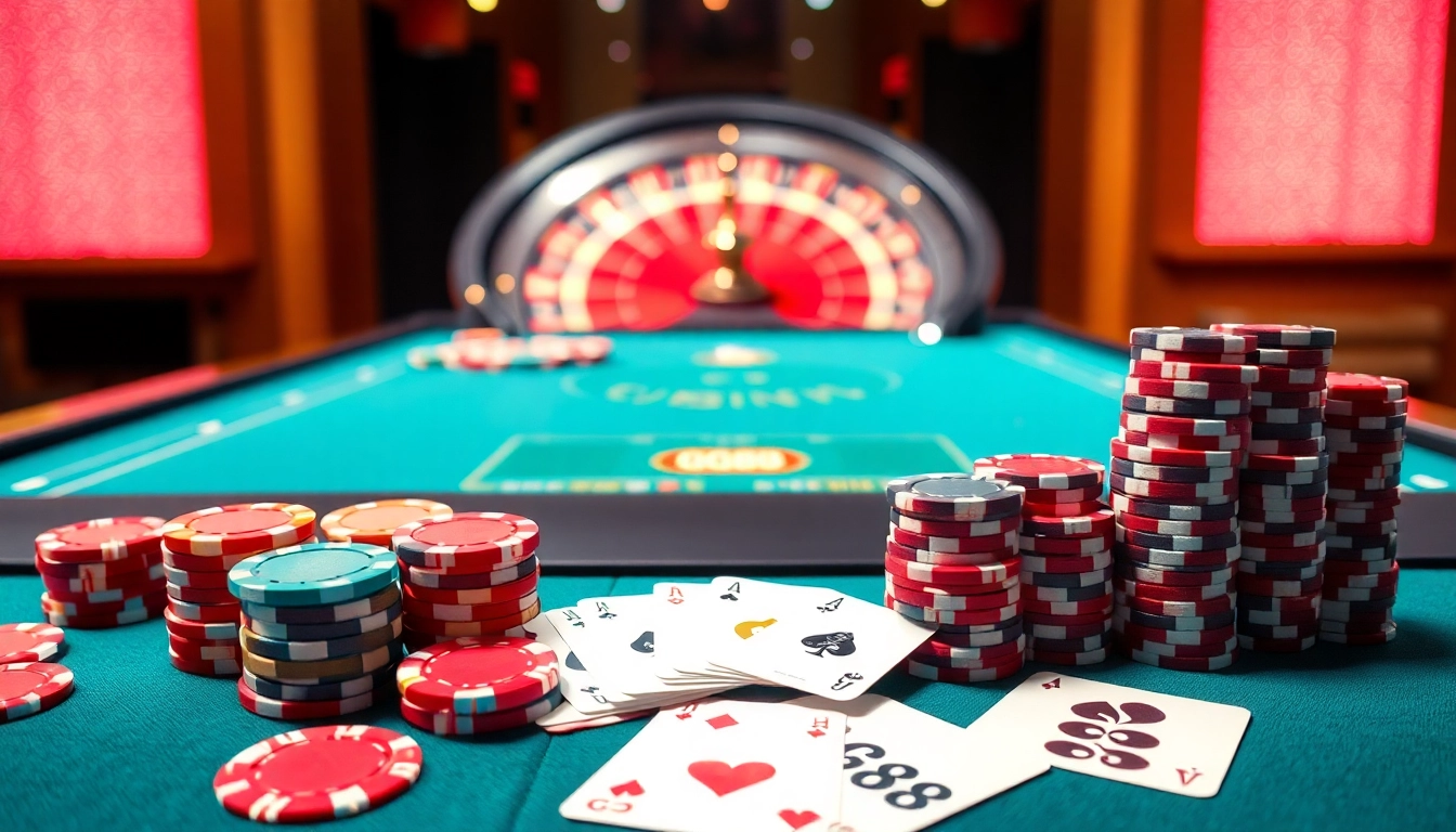 Exciting gambling scene at GG88 casino with colorful poker chips and roulette wheel.
