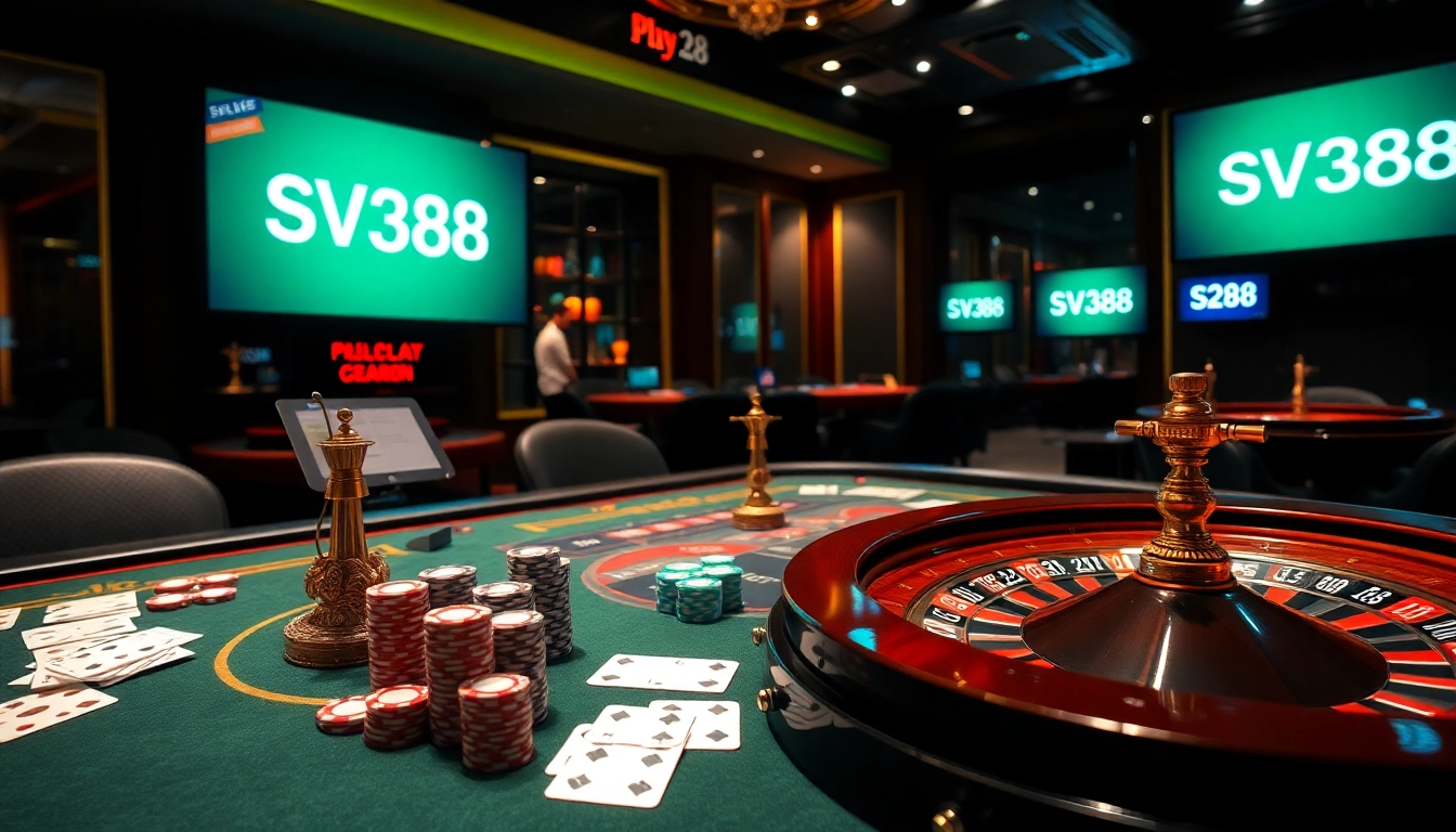 Players enjoying high-stakes gambling at SV388i.app with vibrant casino elements.