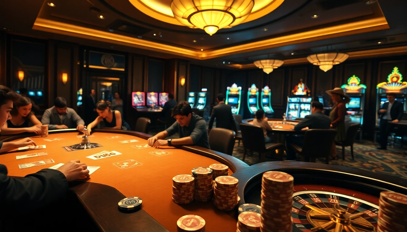Experience the thrill of gambling at DN88, featuring vibrant tables and players engaged in high-stakes games.