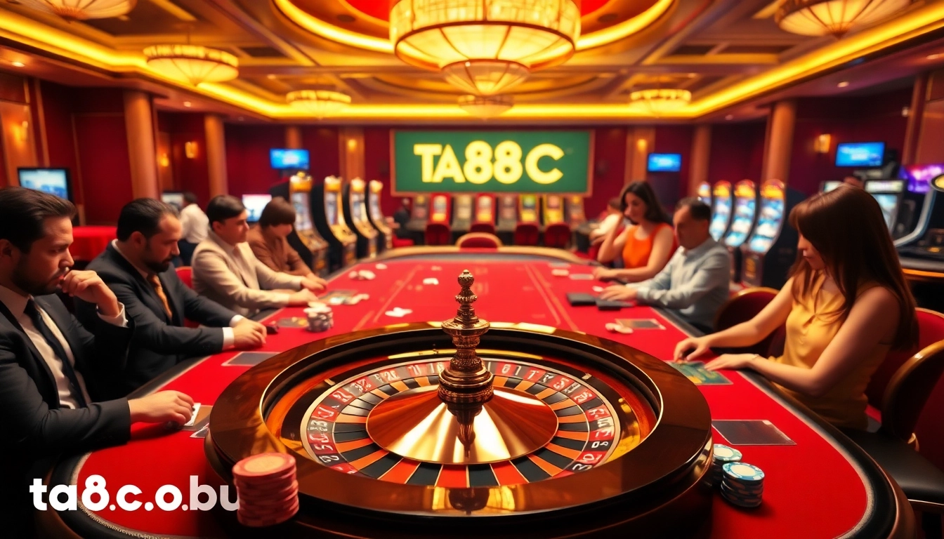 Players engaging in intense card games at ta88c.com, surrounded by stunning casino visuals.
