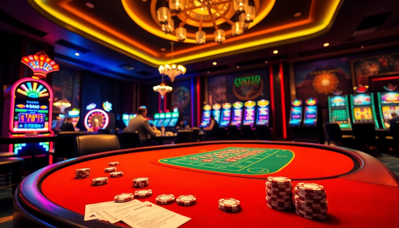 A vibrant casino scene showcasing an exciting poker table, roulette wheel, and slot machines, emphasizing the OK365 link.