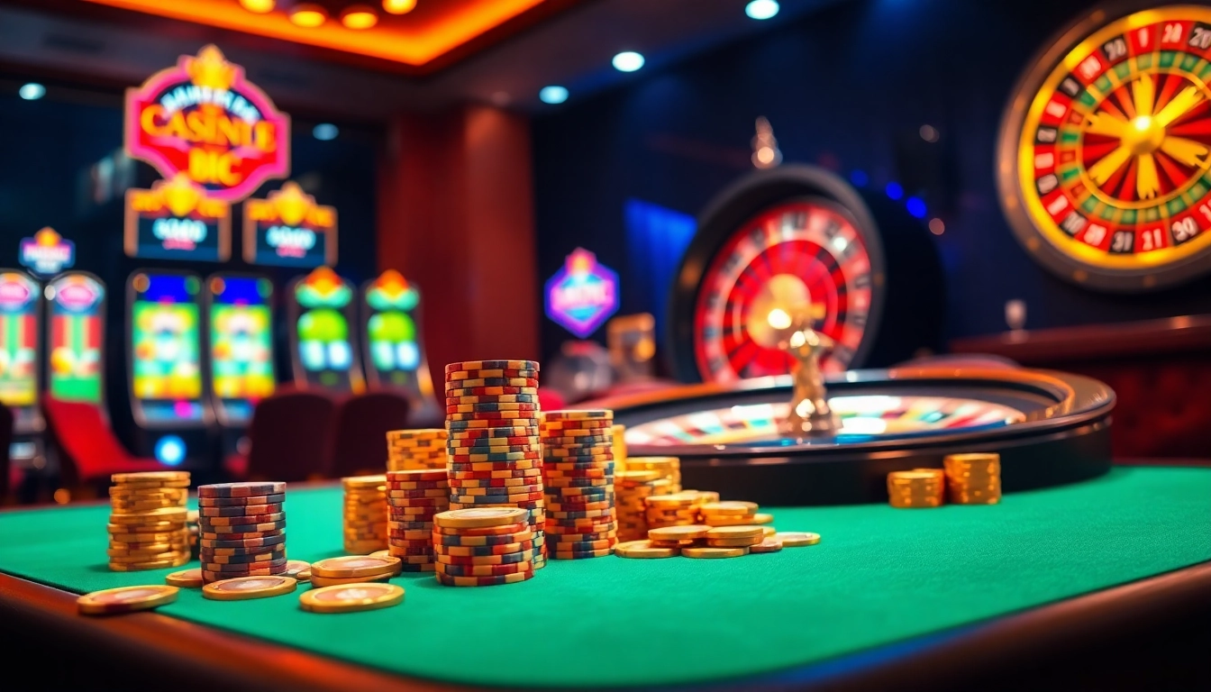 Engage with thrilling games at https://mm88.bar/, showcasing poker chips and a roulette wheel in a luxury casino.