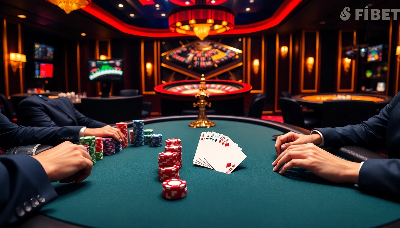 Tại F8bet, players enjoy a thrilling poker game with vibrant chips and a spinning roulette wheel.