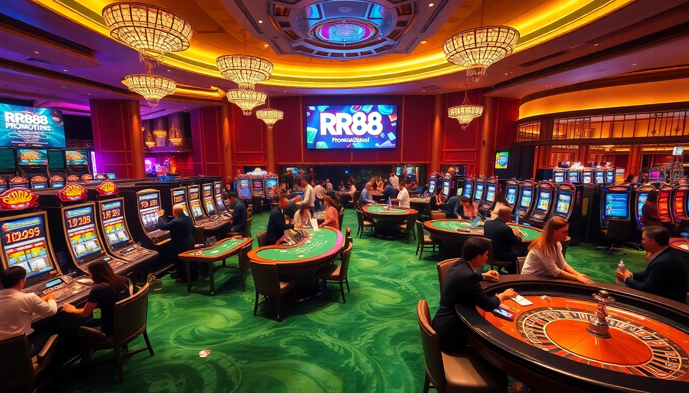 Experience the excitement of RR88's luxurious casino gaming with poker tables and vibrant slot machines.