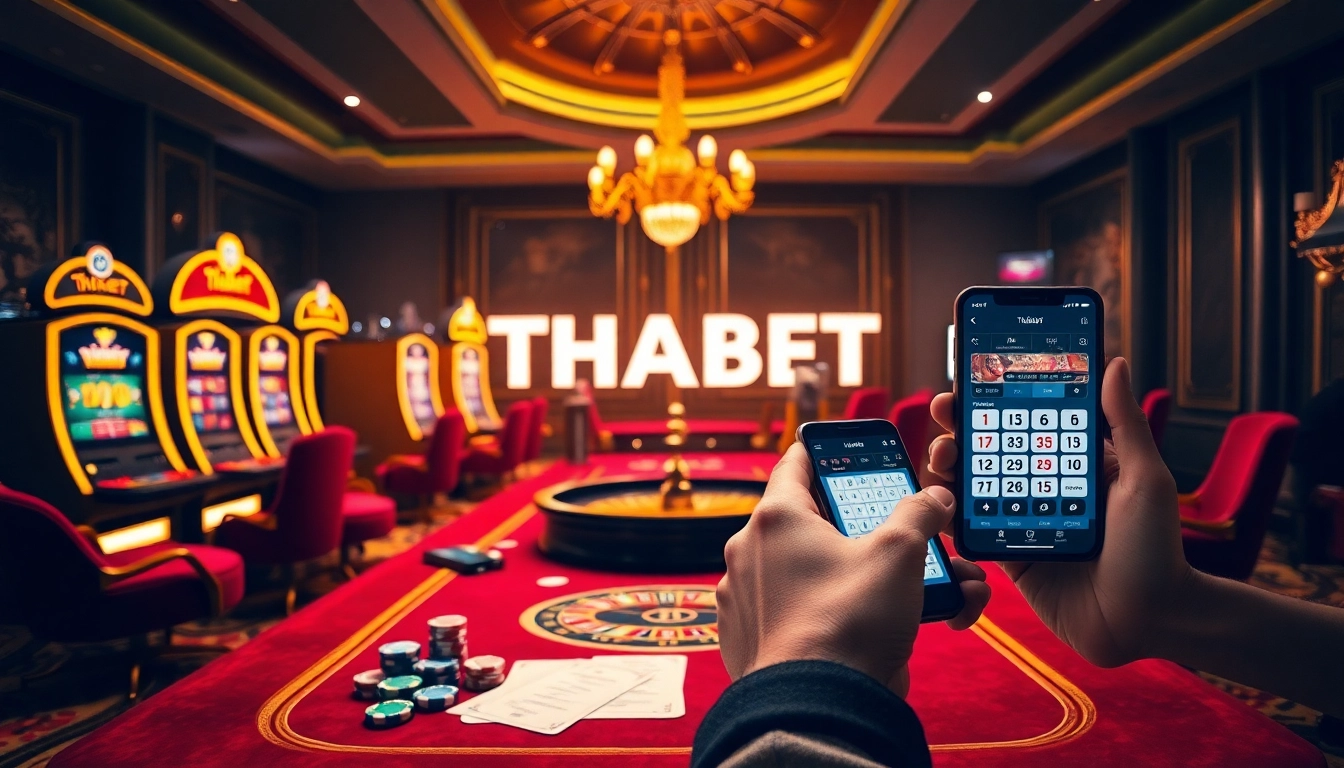 Experience thrilling gameplay at THABET with a dynamic online casino setting featuring vibrant slot machines and elegant tables.