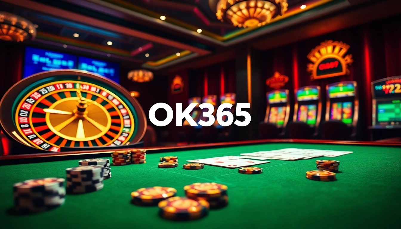 OK365 gaming table with poker chips and digital roulette for an exciting casino atmosphere