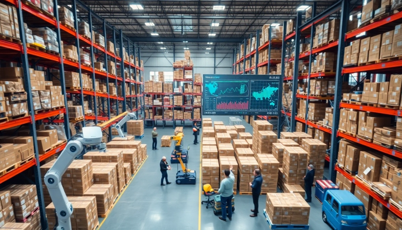 Depo yönetimi in a modern warehouse with automated systems and organized inventory.