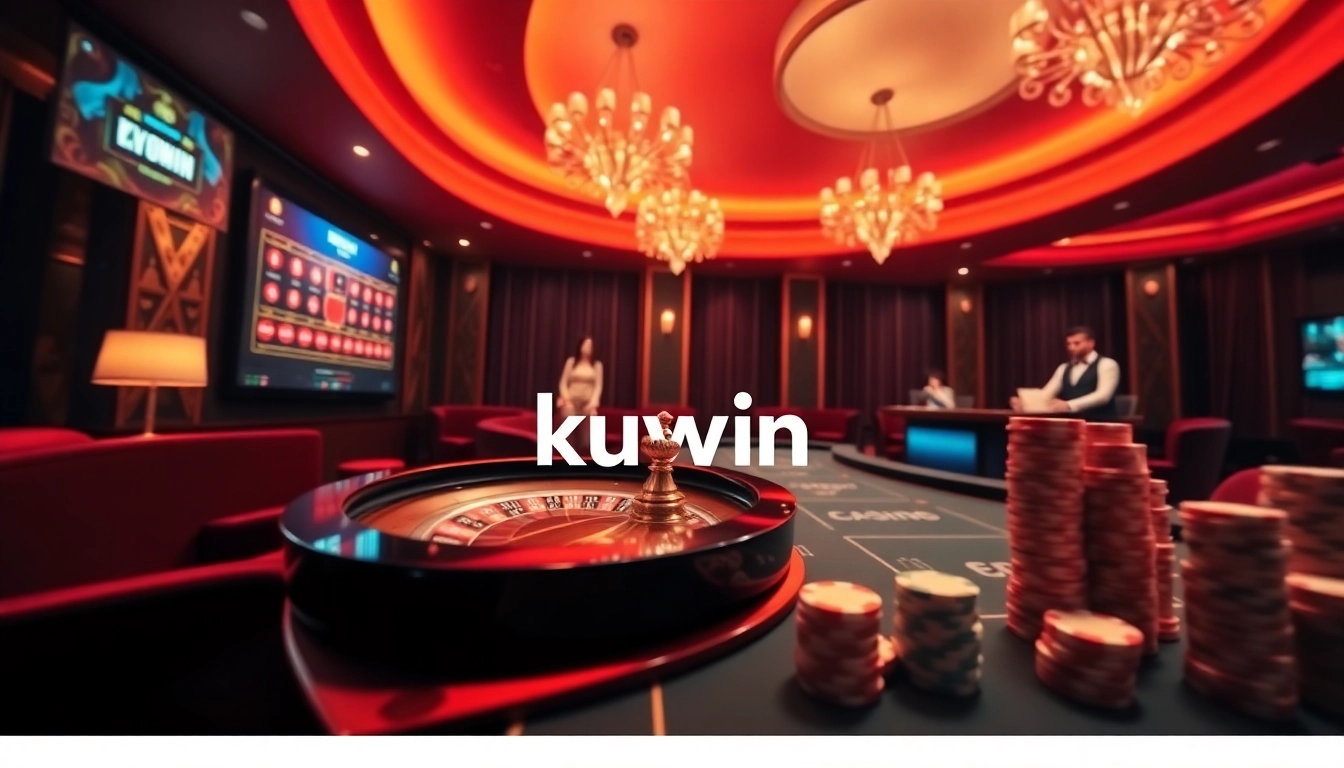 Kuwin offers an elegant online gambling experience with vibrant casino elements like poker chips and a roulette wheel.