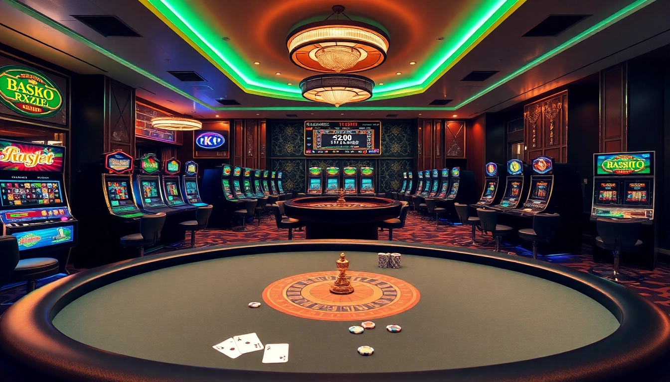 Experience thrilling moments at https://mm88.in.net/ showcasing luxurious casino gaming elements like poker tables and slot machines.