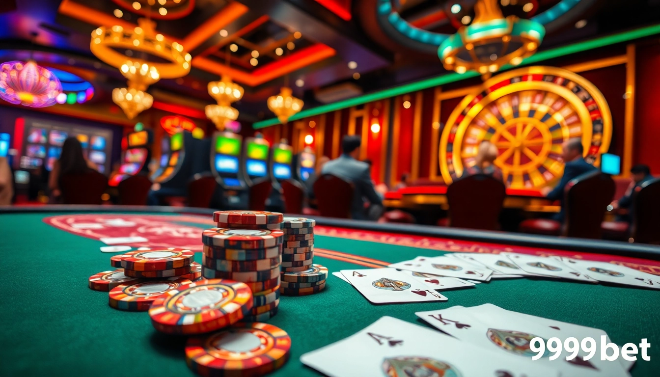 Exciting poker game at 999bet casino, where players make strategic bets with colorful chips.