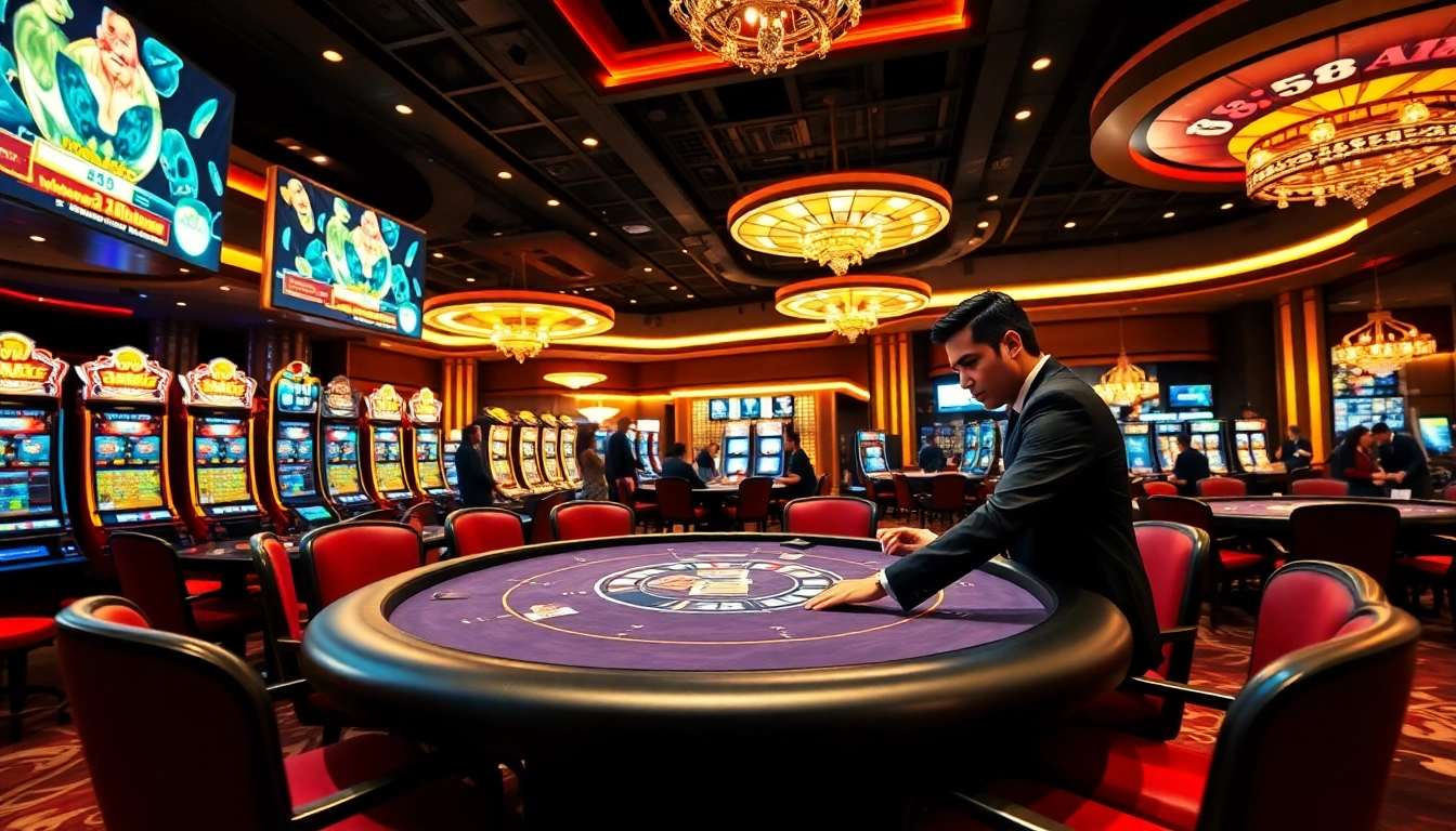Exciting gambling scene at a modern casino featuring xx88, poker tables, and vibrant slot machines.