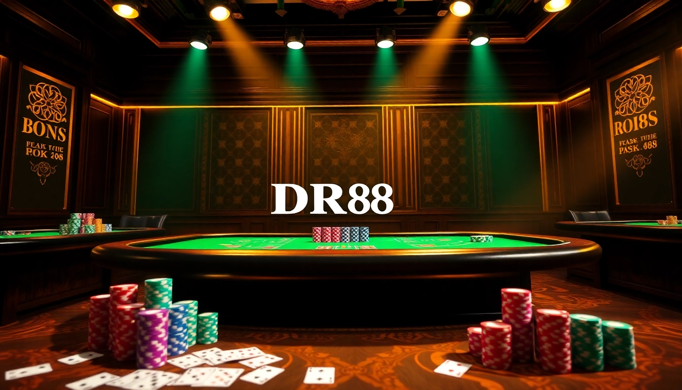 Experience the excitement of DR88 with vibrant casino elements like chips and cards in a luxurious setting.