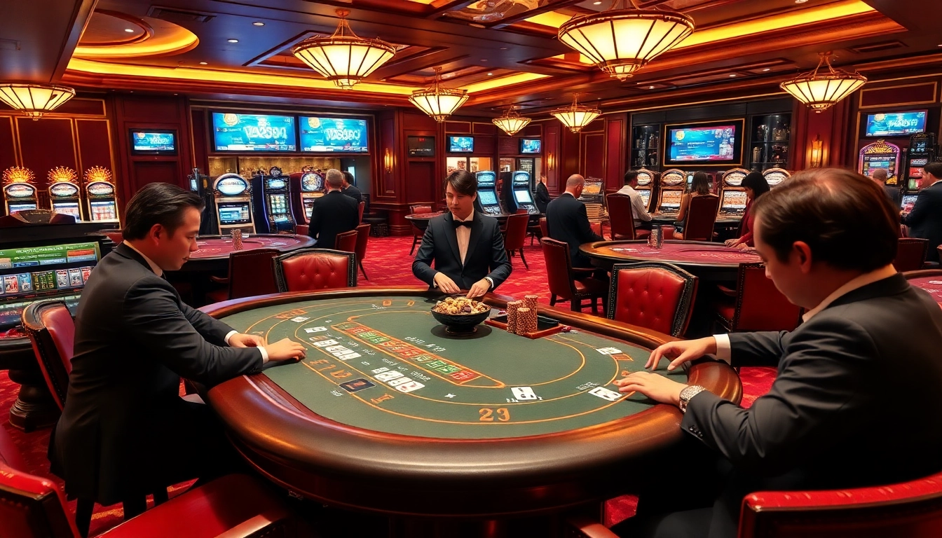 Engaged players at Va88's luxurious poker table, experiencing the thrill of online gambling.