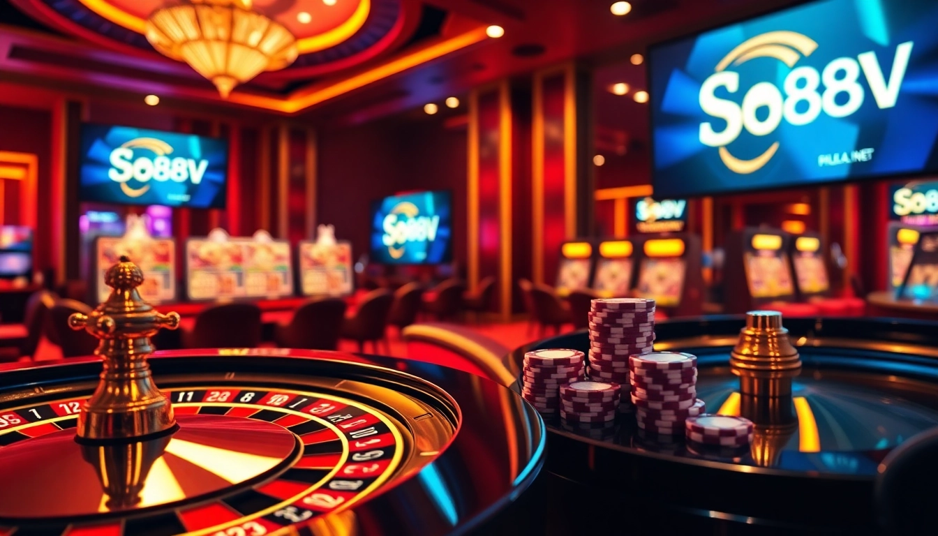 Experience the excitement of five88v.net with a vibrant online casino scene featuring roulette and poker.