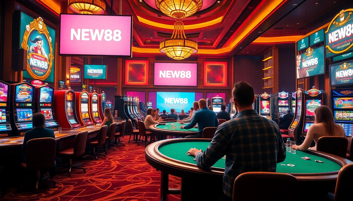 Engage with the NEW88 link at an exciting online casino scene featuring vibrant slot machines and players.
