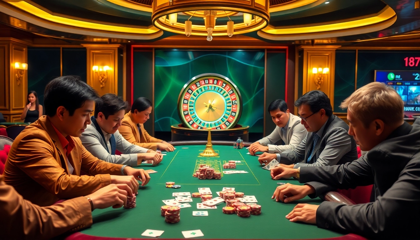 Players engaged in a thrilling poker game at lucky88vi.net casino, surrounded by vibrant gaming elements.