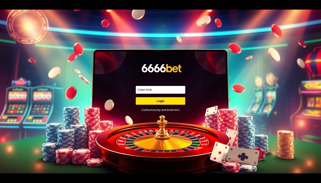 Experience thrilling action during the 6666bet Login process with dynamic casino visuals, slot machines, and poker chips.