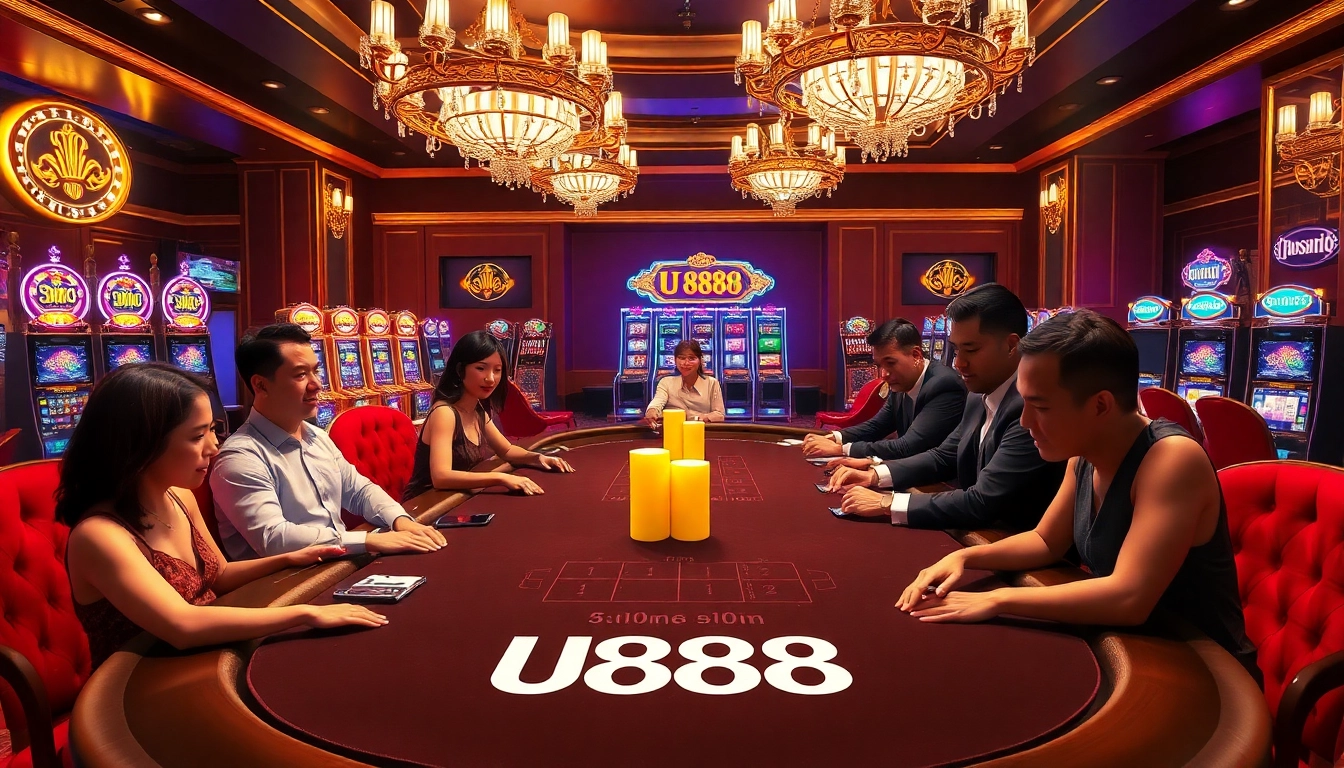 Excited players engaging at the U888 casino table, showcasing vibrant gaming atmosphere.