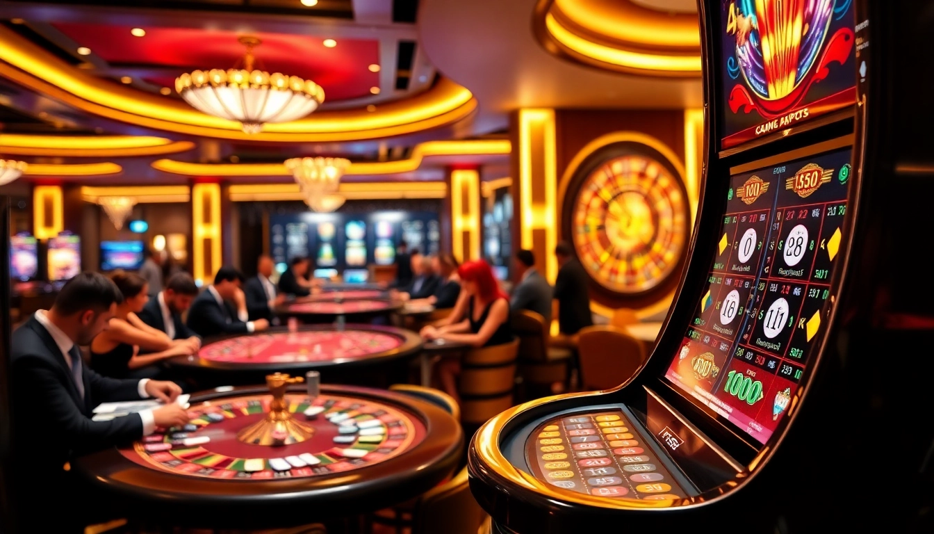 Exciting gameplay at F168 casino featuring poker tables, slots, and roulette in a luxurious setting.