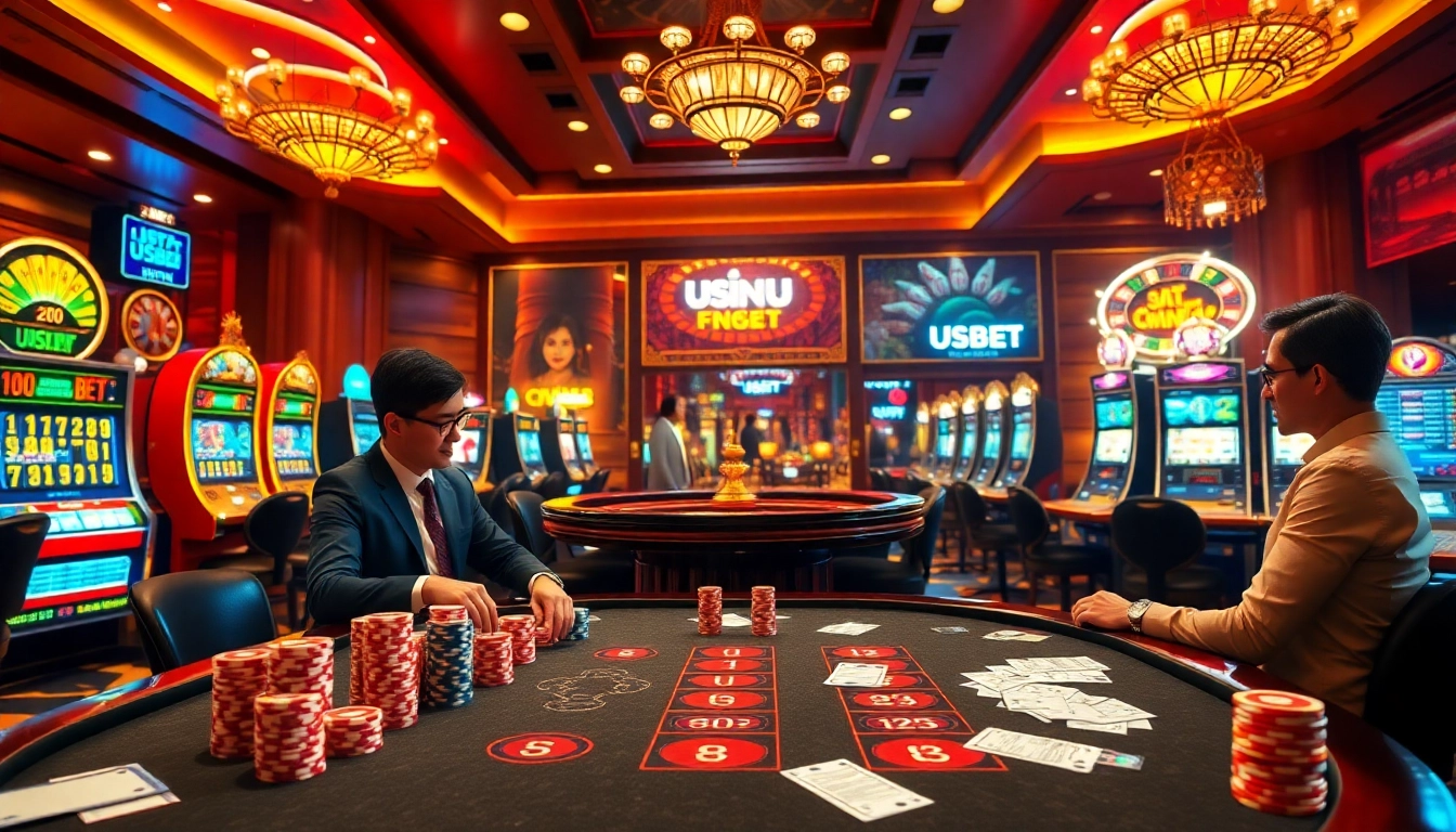 Experience the excitement of usbet in a luxurious casino setting with colorful poker tables and slot machines.