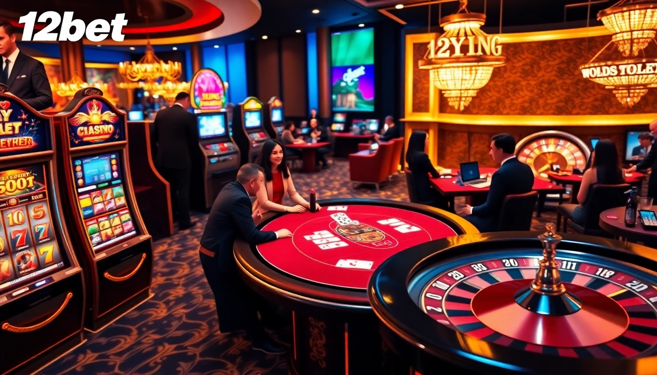 Experience thrilling online gaming with 12bet showcasing casino tables, poker chips, and vibrant slot machines.