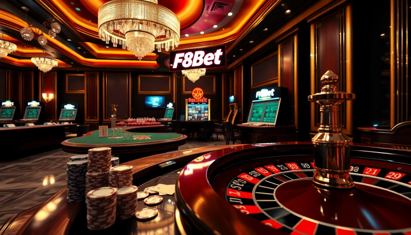 Experience the excitement of F8Bet with a luxurious casino scene featuring poker and roulette.