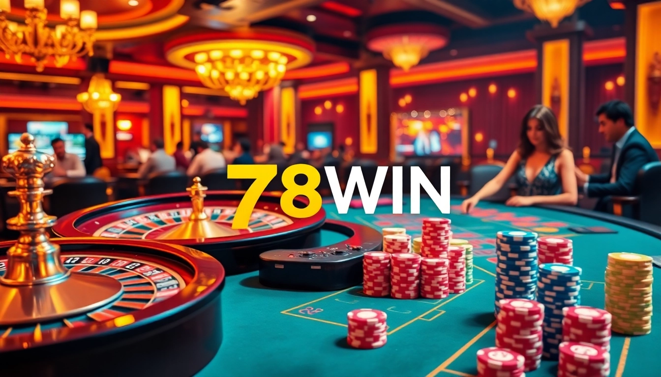 Experience the excitement of gambling with 78WIN's luxury casino environment featuring roulette and poker.