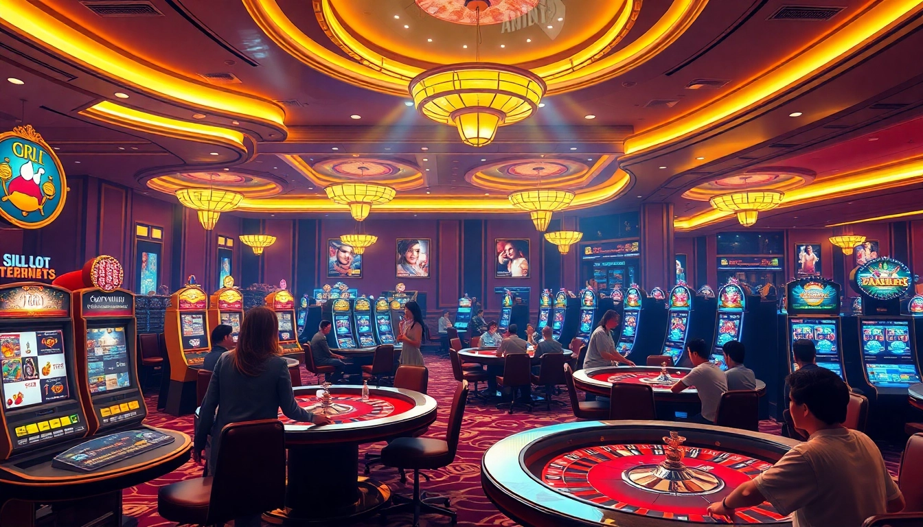 Situs Slot Terpercaya capturing an elegant casino scene with players enjoying classic and modern games.