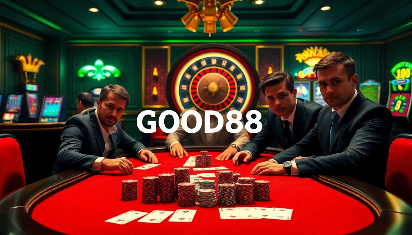 Exciting poker game atmosphere featuring GOOD88 branding with players and casino elements.