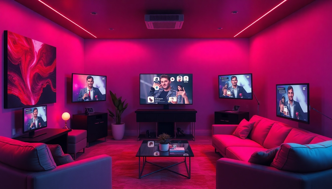 Porn chat scene in a vibrant online room with ambient lighting and engaging digital art.