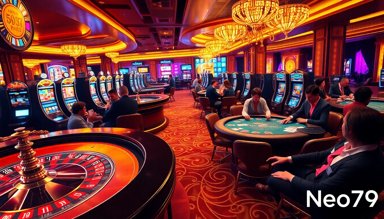 Neo79 gamblers participating in high-stakes poker on a luxurious casino floor.
