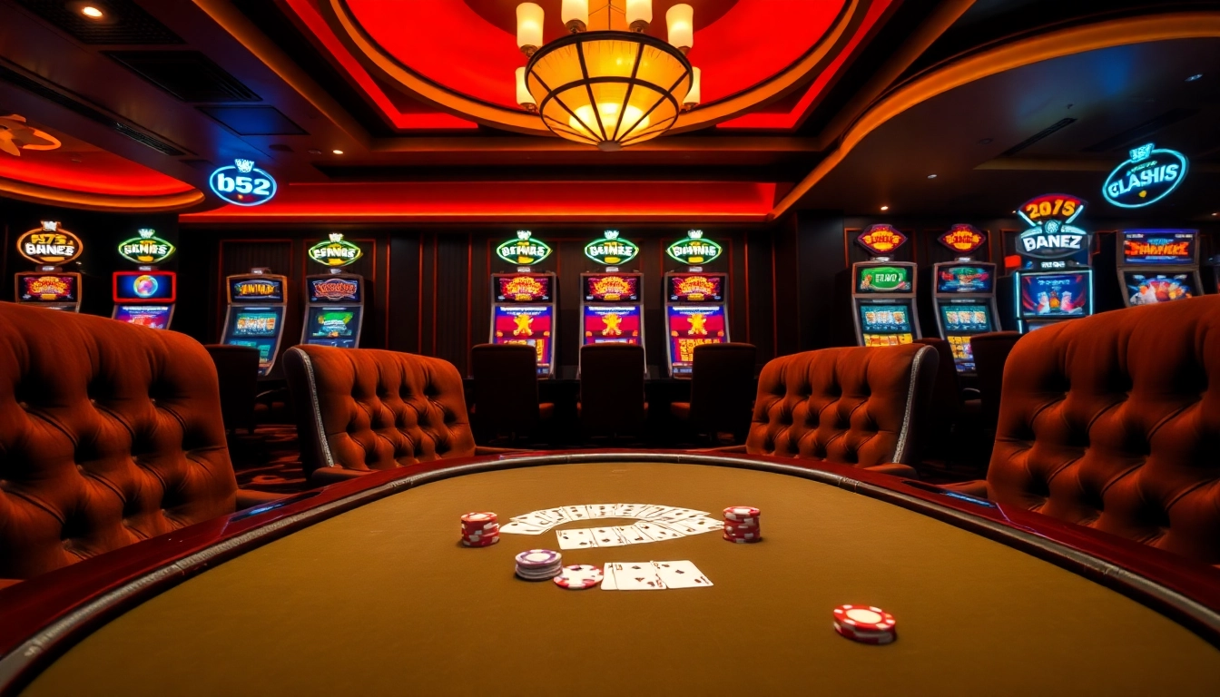 b52 poker room filled with vibrant lights and luxurious decor, inviting exciting gambling experiences.