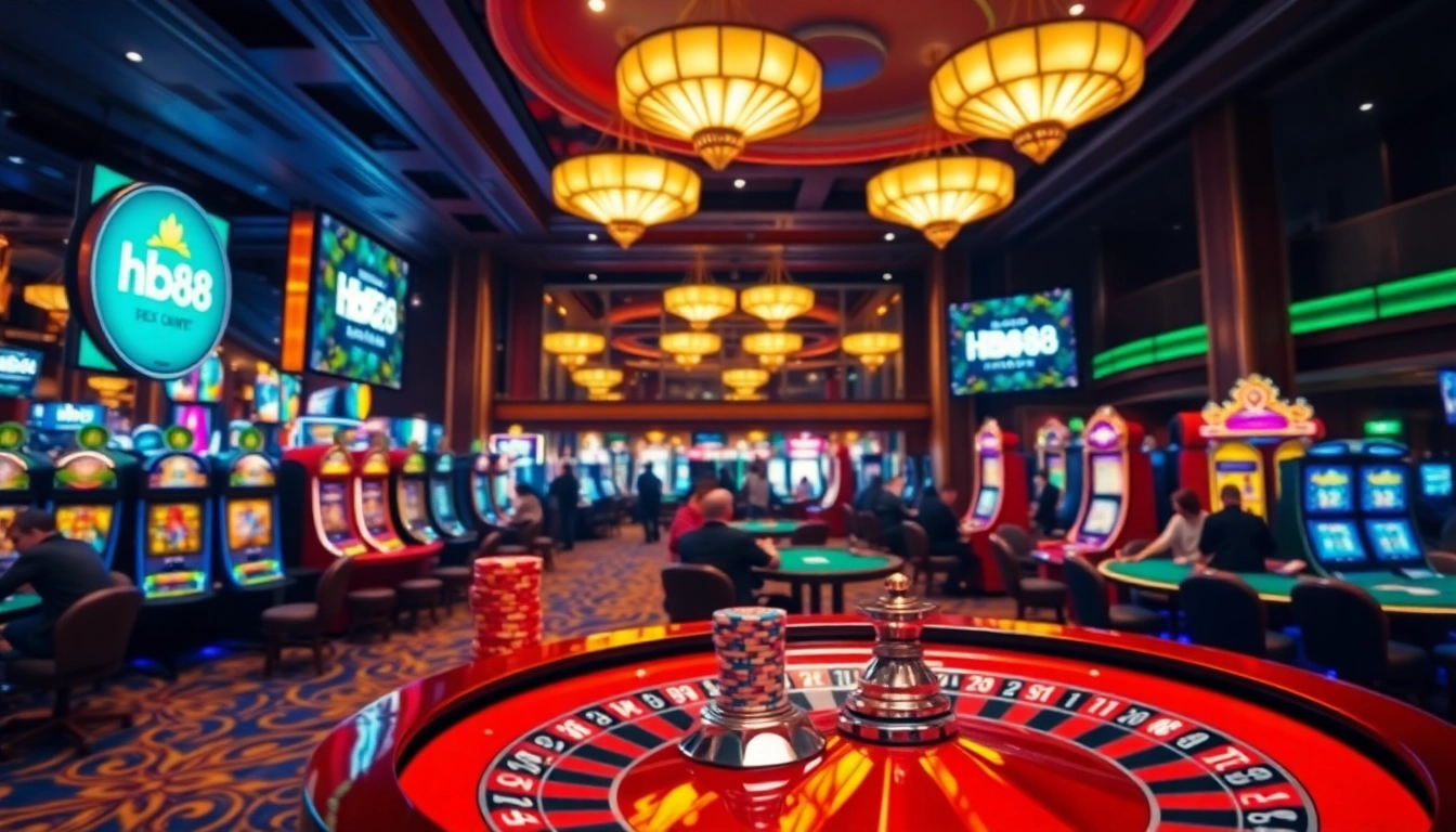 Play lively casino games at HB88 with vibrant slot machines and poker tables.
