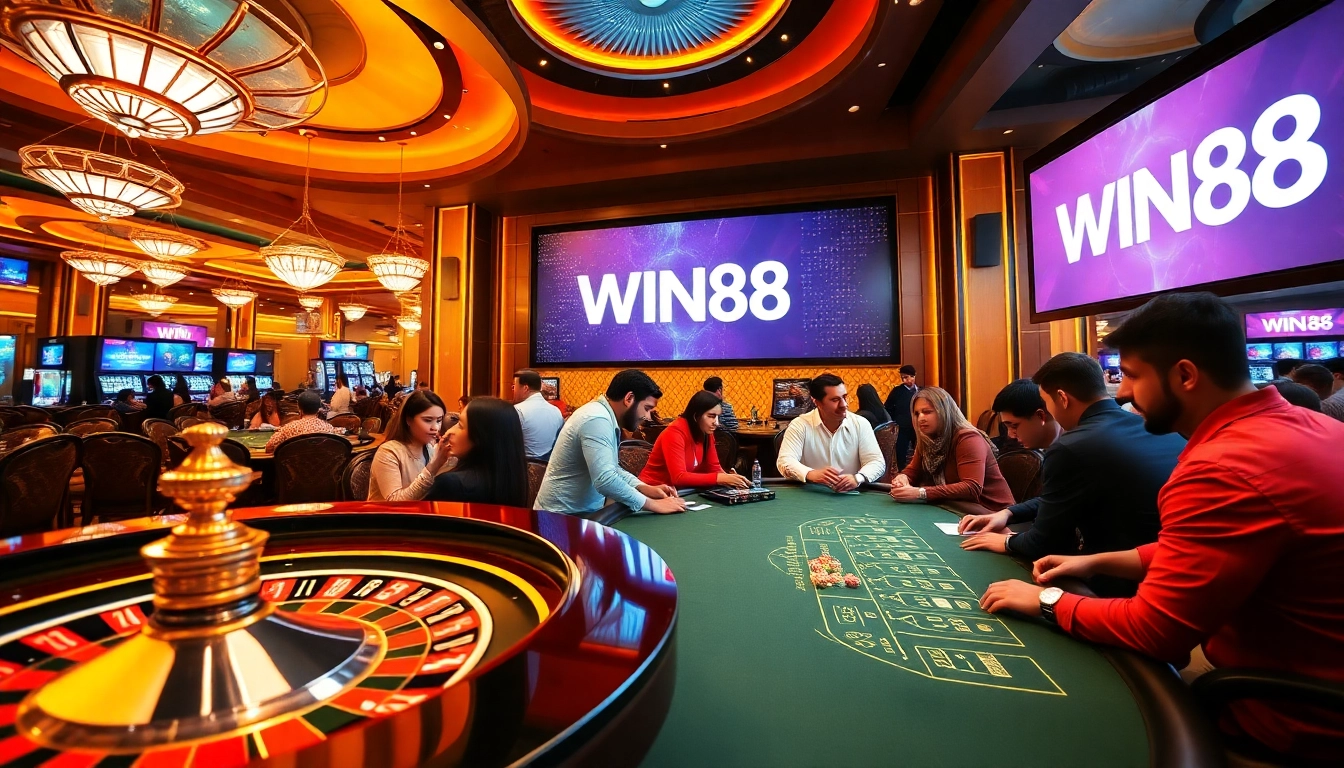 Engage in thrilling gameplay at WIN88 casino with vibrant roulette and blackjack tables.