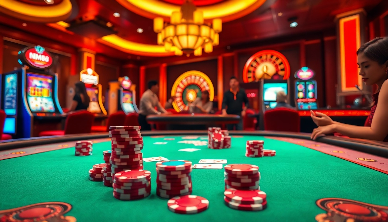 MM88 casino scene with poker table and slot machines creating excitement for gamblers