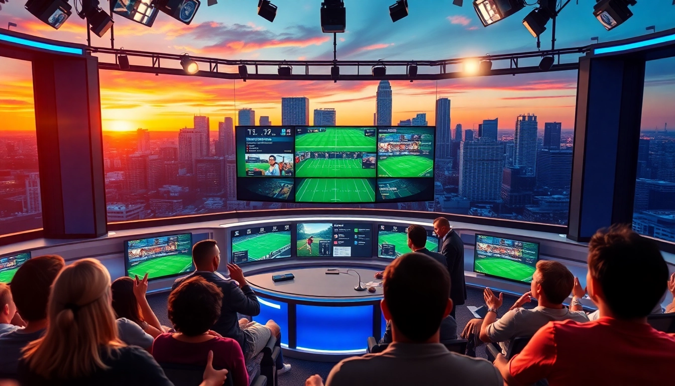 Engaged hosts in a sports broadcasting studio discussing live events.